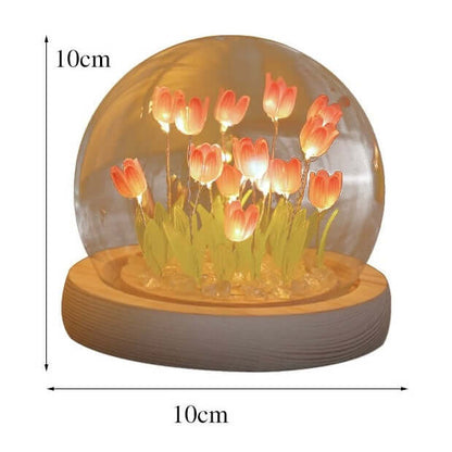 Romantic tulip flower night light with wooden base for bedroom decor