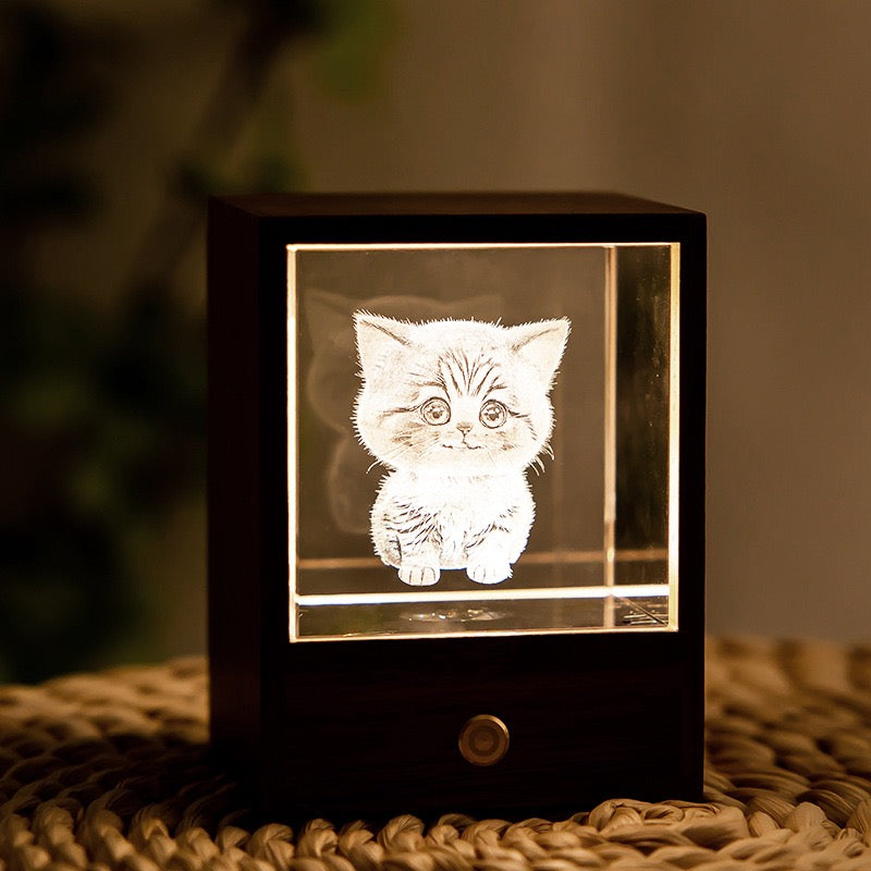 3D Crystal Cat Night Light – Wooden Touch Lamp Gift Box