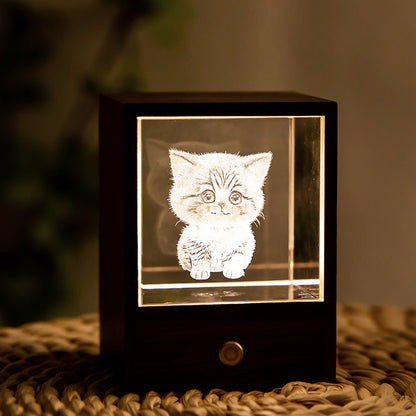 3D Crystal Cat Night Light – Wooden Touch Lamp Gift Box