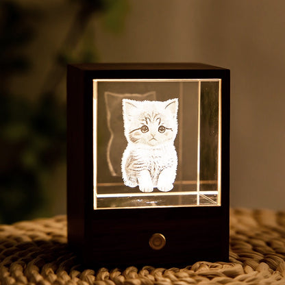 3D Crystal Cat Night Light – Wooden Touch Lamp Gift Box
