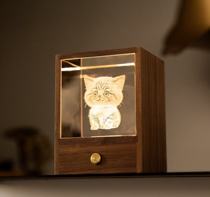 3D Crystal Cat Night Light – Wooden Touch Lamp Gift Box