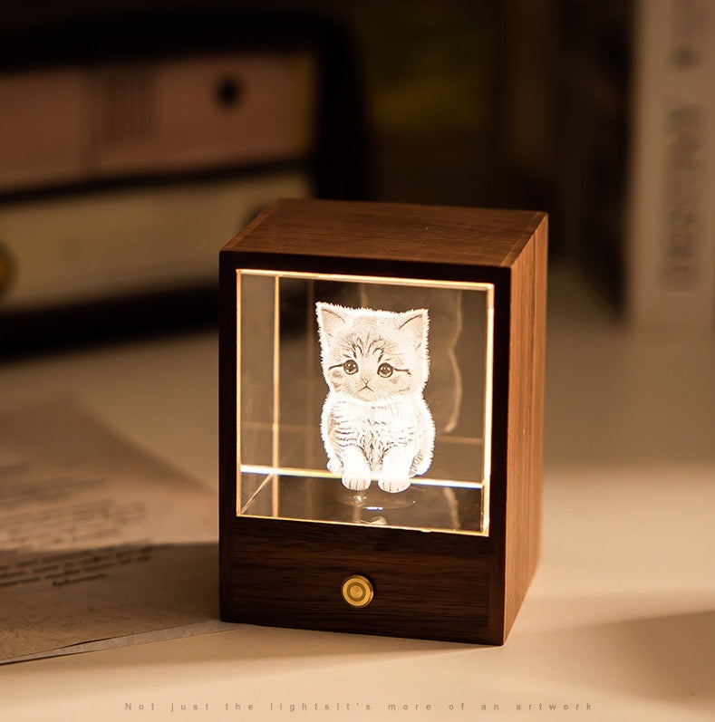 3D Crystal Cat Night Light – Wooden Touch Lamp Gift Box