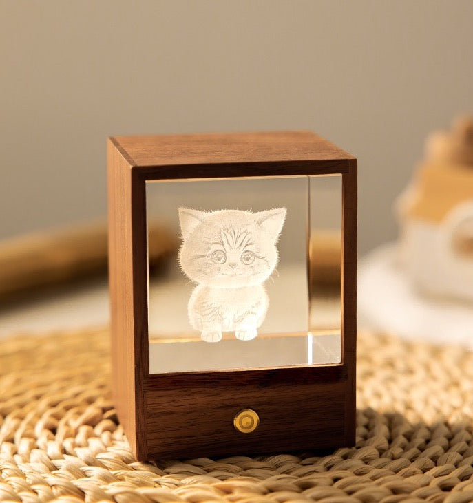 3D Crystal Cat Night Light – Wooden Touch Lamp Gift Box