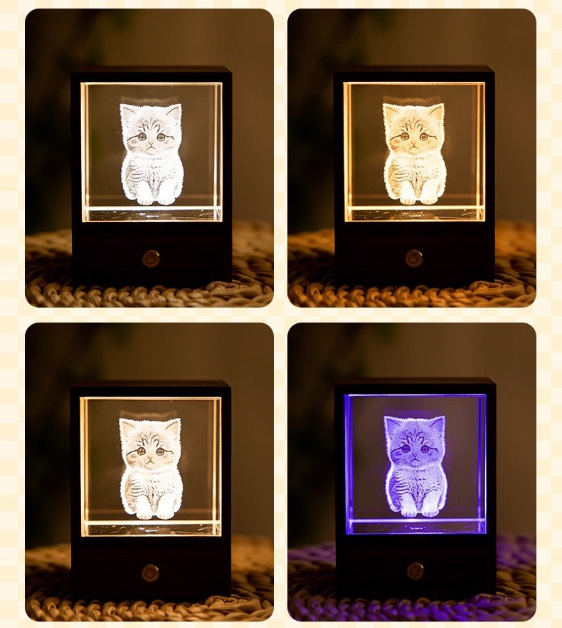 3D Crystal Cat Night Light – Wooden Touch Lamp Gift Box