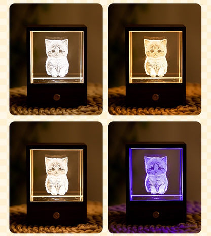 3D Crystal Cat Night Light – Wooden Touch Lamp Gift Box