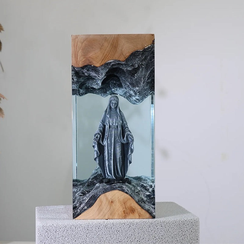 Holy Mary Resin Art Lamp – Wooden Night Light Home Blessing