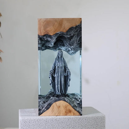 Holy Mary Resin Art Lamp – Wooden Night Light Home Blessing
