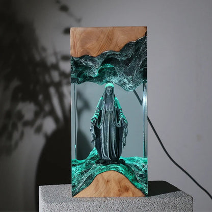 Holy Mary Resin Art Lamp – Wooden Night Light Home Blessing