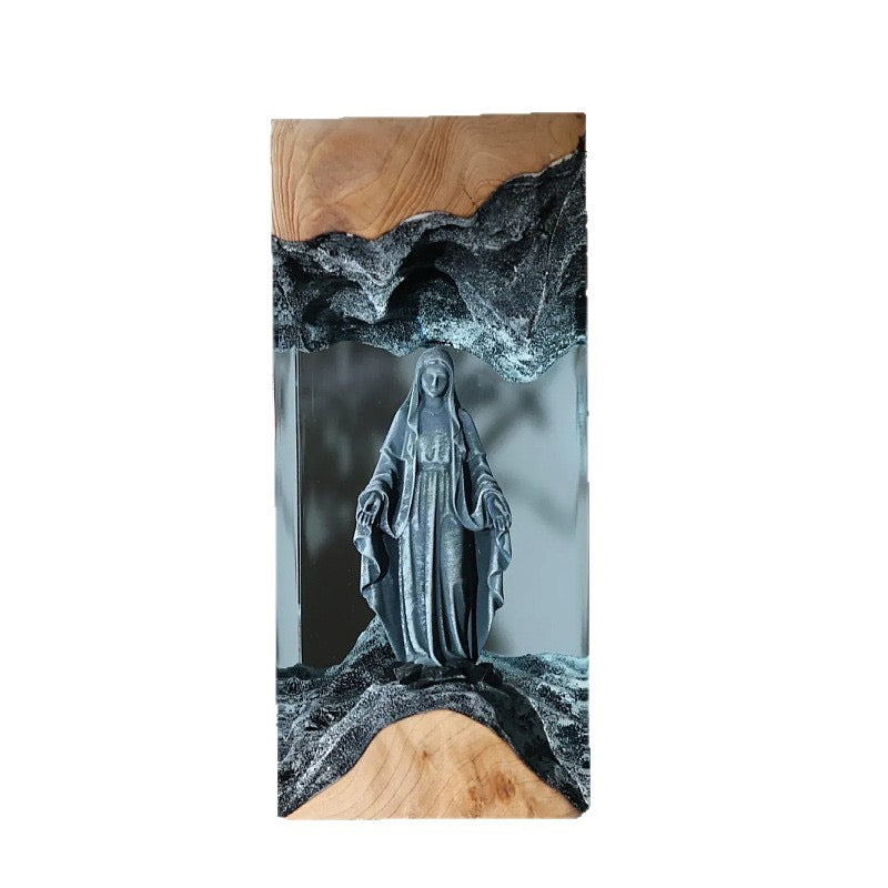 Holy Mary Resin Art Lamp – Wooden Night Light Home Blessing