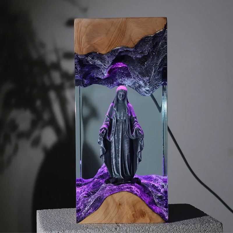Holy Mary Resin Art Lamp – Wooden Night Light Home Blessing