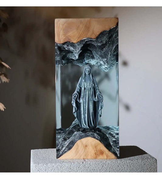 Holy Mary Resin Art Lamp – Wooden Night Light Home Blessing