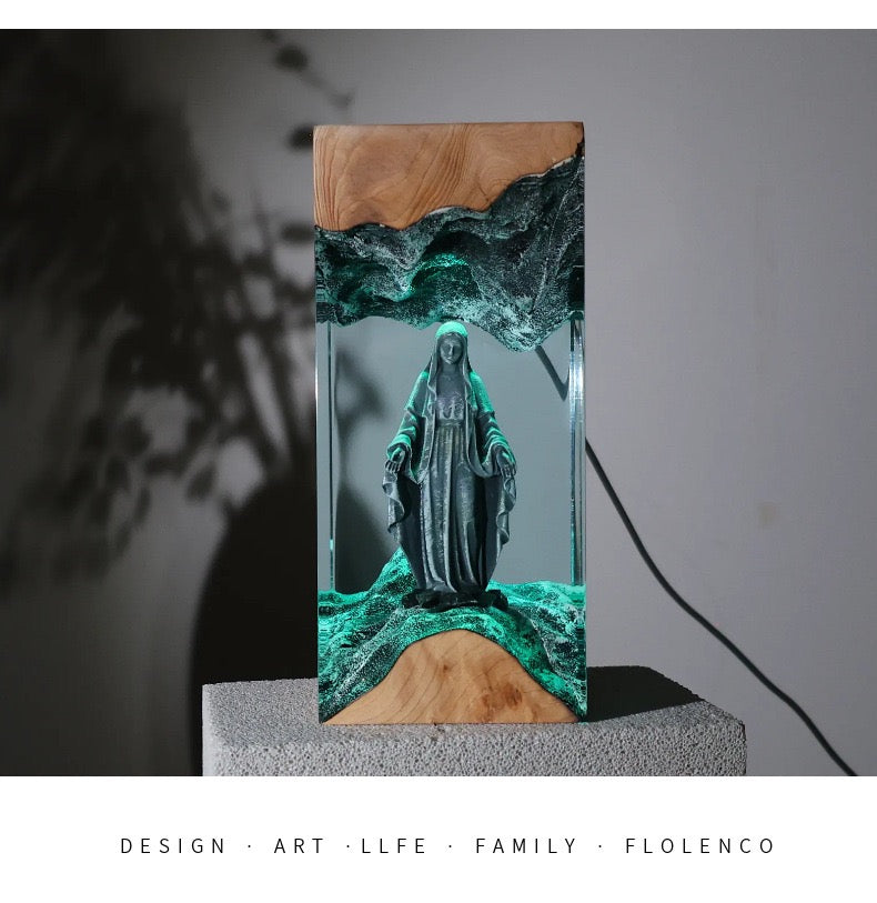 Holy Mary Resin Art Lamp – Wooden Night Light Home Blessing