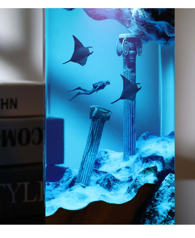 Ocean Diver Resin Lamp – Wooden Whale & Manta Ray Night Light