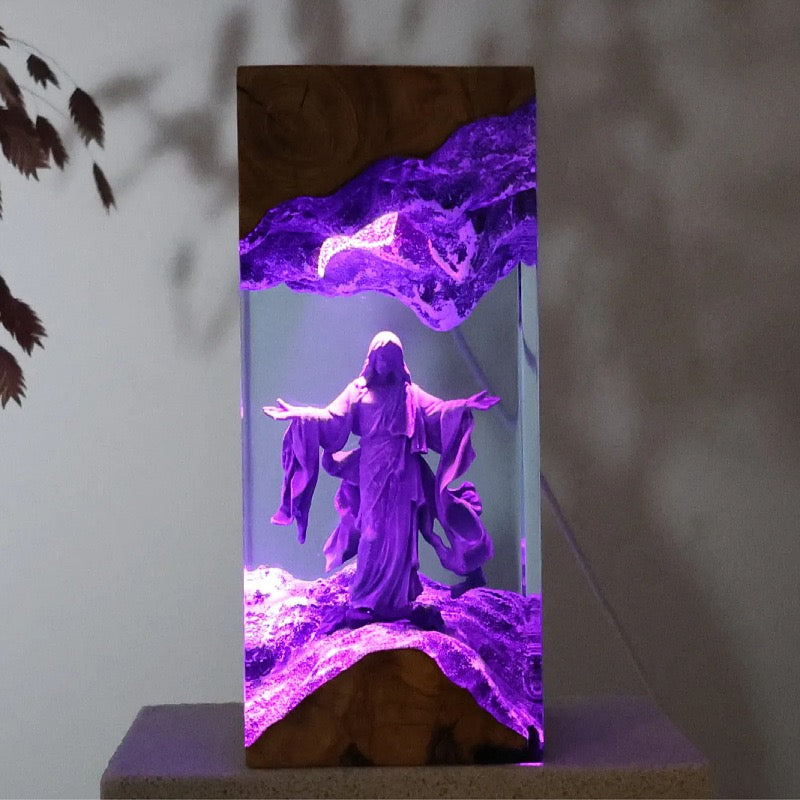 Jesus Resin Art Lamp – Wooden Night Light Home Blessing