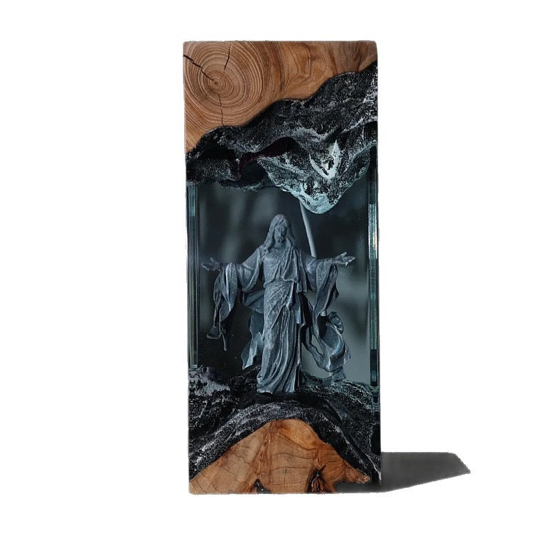 Jesus Resin Art Lamp – Wooden Night Light Home Blessing