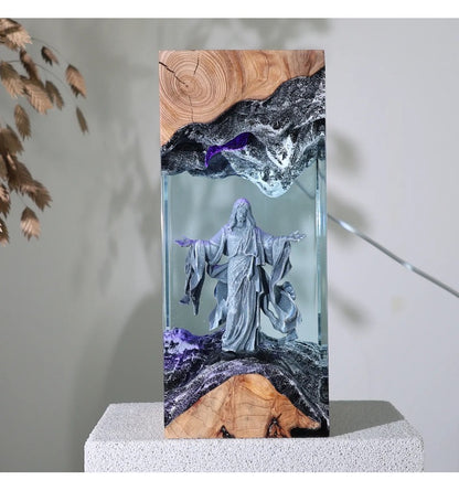Jesus Resin Art Lamp – Wooden Night Light Home Blessing