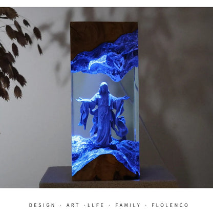 Jesus Resin Art Lamp – Wooden Night Light Home Blessing