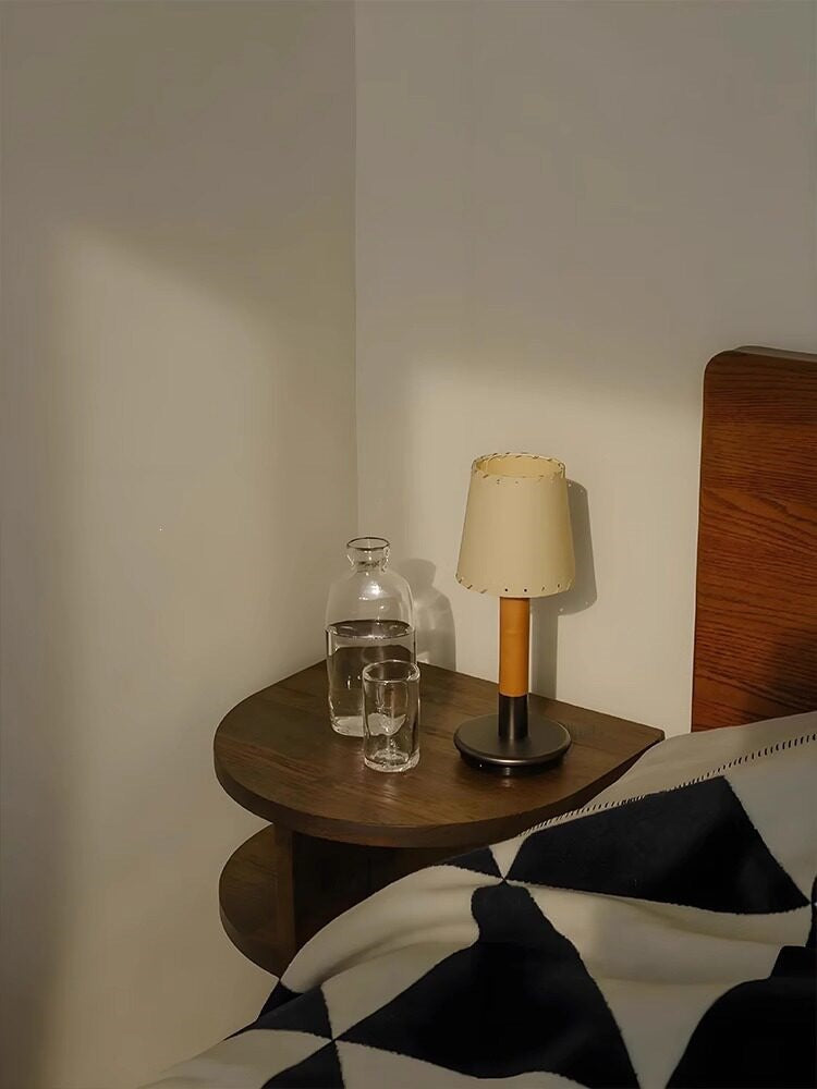 Warm LED bedside lamp with fabric shade
