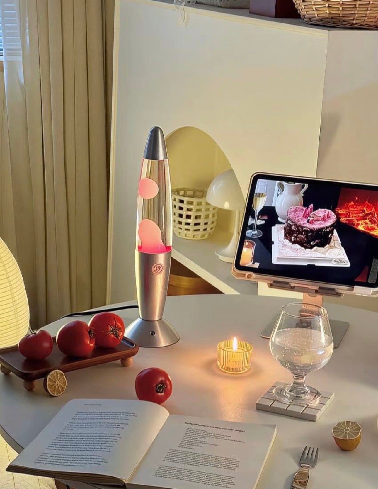 color changing lava lamp on bedside table creating relaxing atmosphere