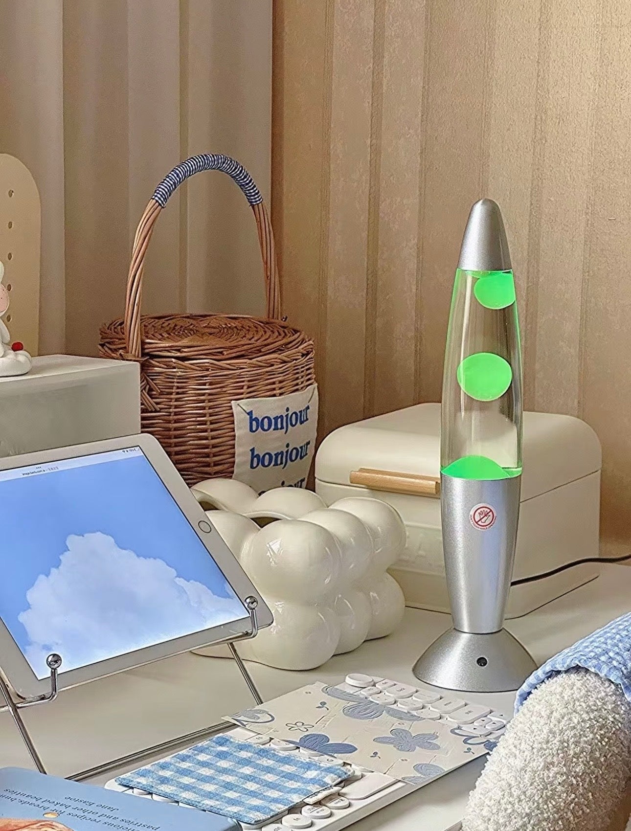 color changing lava lamp on bedside table creating relaxing atmosphere