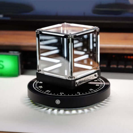 Infinity Cube floating above base
dark cyberpunk desk setup