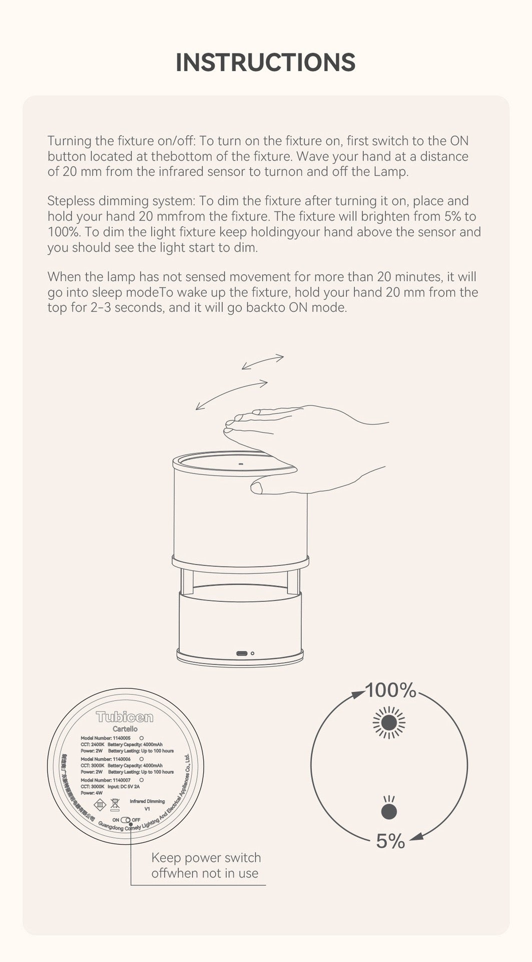 Instructions for a Smart LED Lamp with gesture control and dimming features.