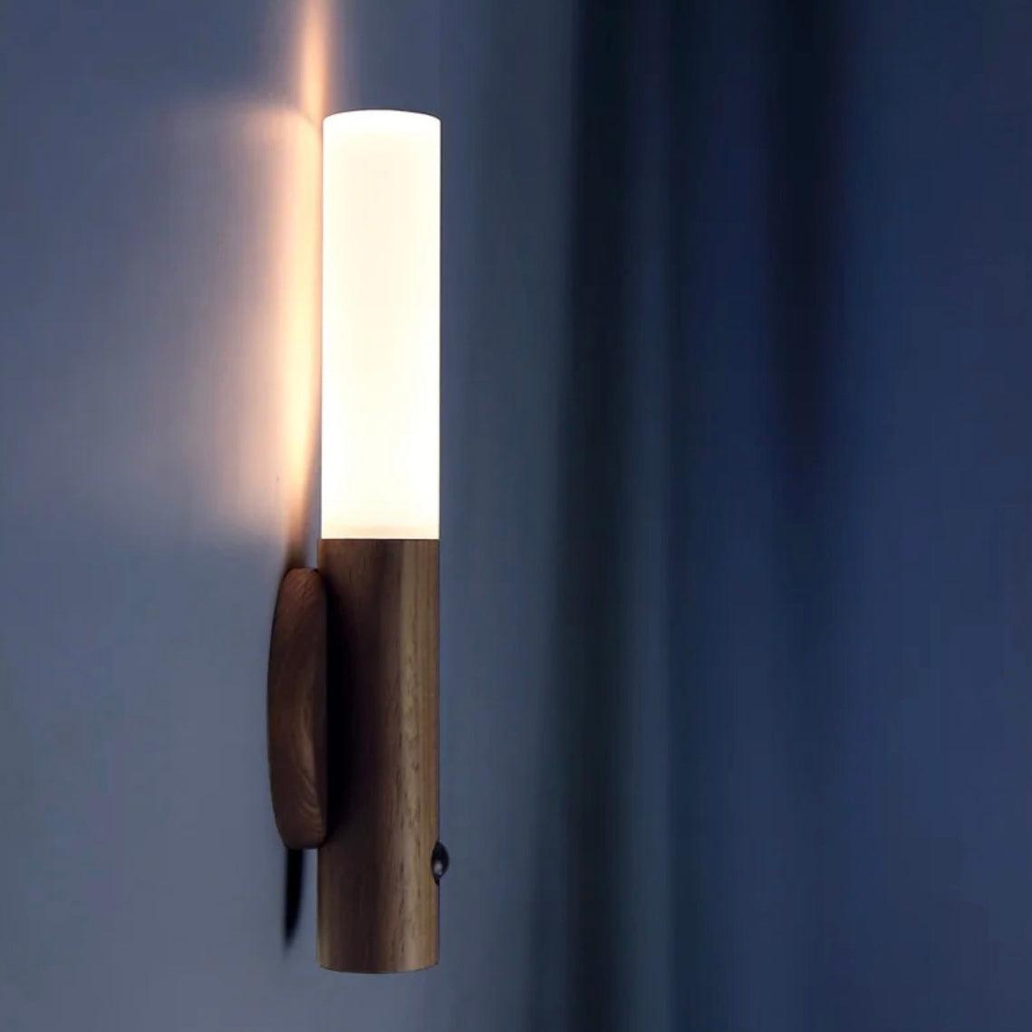 Wood wall lantern with soft warm light and frosted glass shades, perfect for enhancing home decor and ambiance.