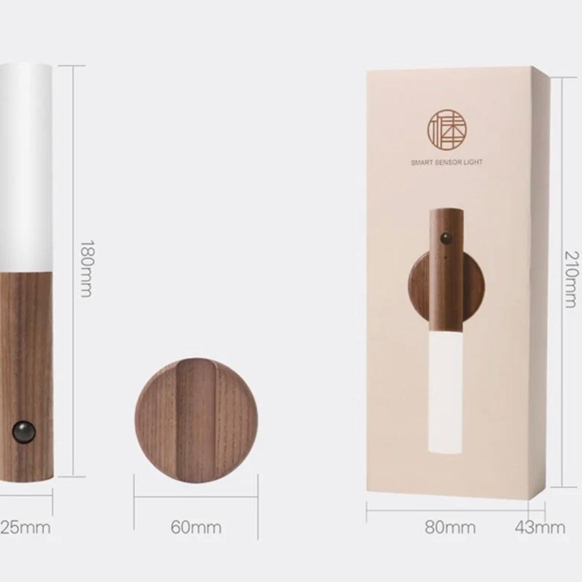 Wood wall lantern with a frosted glass shade and magnetic base, showcasing its stylish design and dimensions.