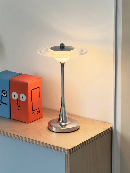Modern UFO Cordless Touch Table Lamp - Chrome Metal Rechargeable Night Light, 3 Color Modes & Stepless Dimming for Bedroom, Bar, and Office
