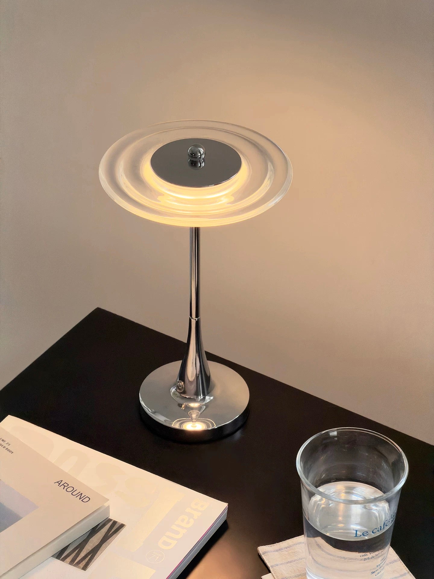 Modern UFO Cordless Touch Table Lamp - Chrome Metal Rechargeable Night Light, 3 Color Modes & Stepless Dimming for Bedroom, Bar, and Office