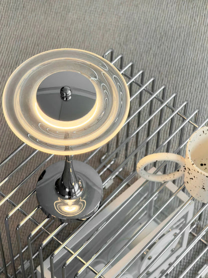 Modern UFO Cordless Touch Table Lamp - Chrome Metal Rechargeable Night Light, 3 Color Modes & Stepless Dimming for Bedroom, Bar, and Office