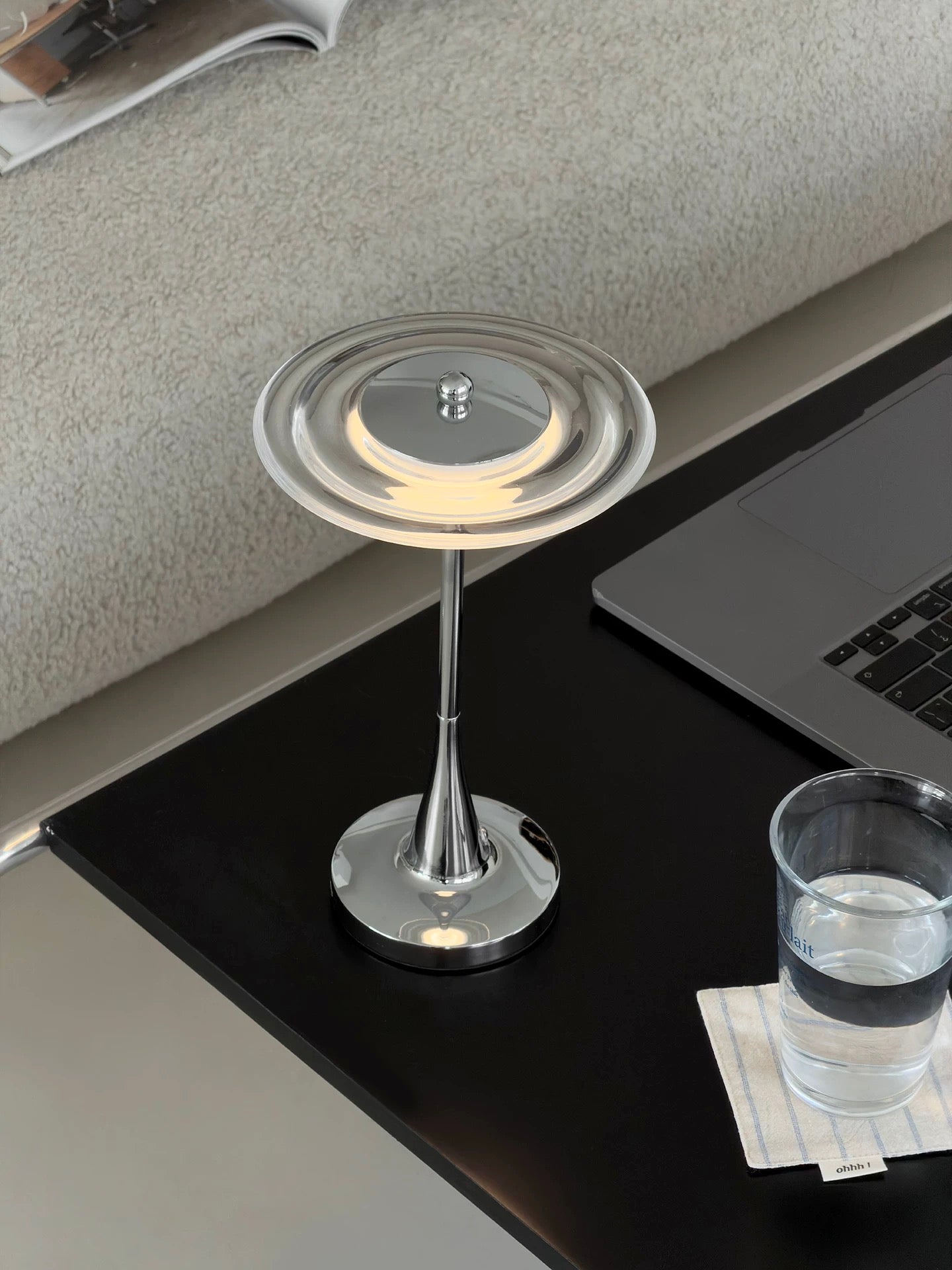 Modern UFO Cordless Touch Table Lamp - Chrome Metal Rechargeable Night Light, 3 Color Modes & Stepless Dimming for Bedroom, Bar, and Office