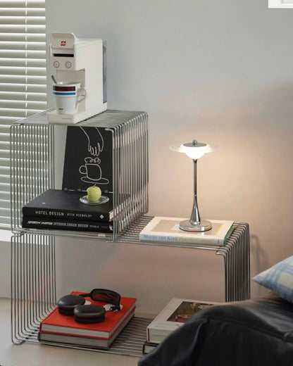 Modern UFO Cordless Touch Table Lamp - Chrome Metal Rechargeable Night Light, 3 Color Modes & Stepless Dimming for Bedroom, Bar, and Office