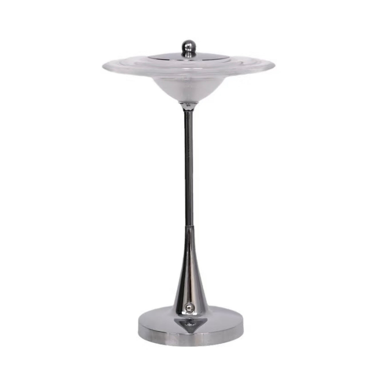 Modern UFO Cordless Touch Table Lamp - Chrome Metal Rechargeable Night Light, 3 Color Modes & Stepless Dimming for Bedroom, Bar, and Office
