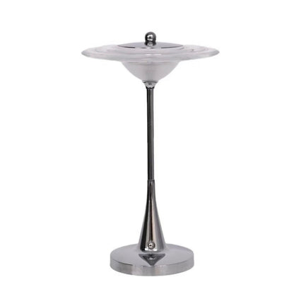Modern UFO Cordless Touch Table Lamp - Chrome Metal Rechargeable Night Light, 3 Color Modes & Stepless Dimming for Bedroom, Bar, and Office