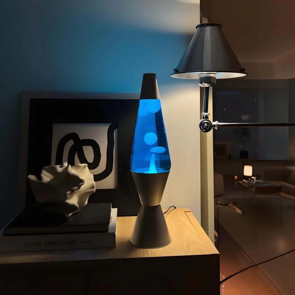 Dynamic Wax Lava Lamp on bedside table creating relaxing ambient light