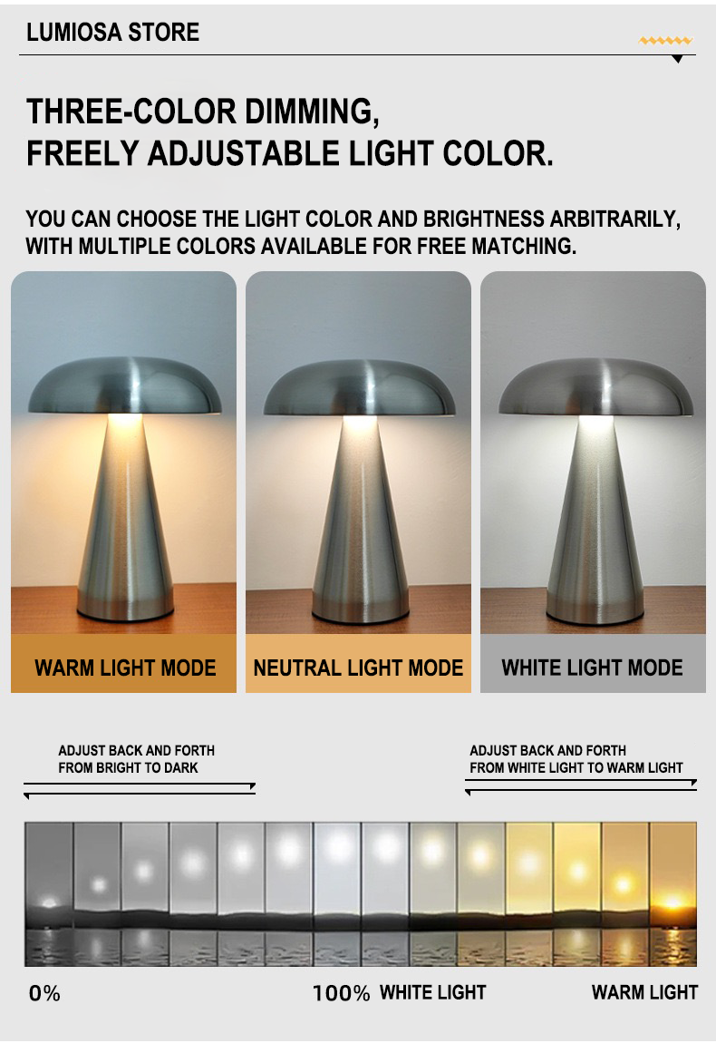Image showcasing a metal mushroom table lamp with three-color dimming options: warm, neutral, and white light modes.