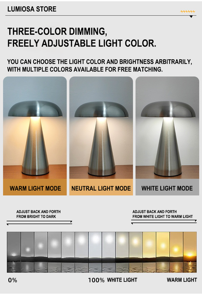 Image showcasing a metal mushroom table lamp with three-color dimming options: warm, neutral, and white light modes.