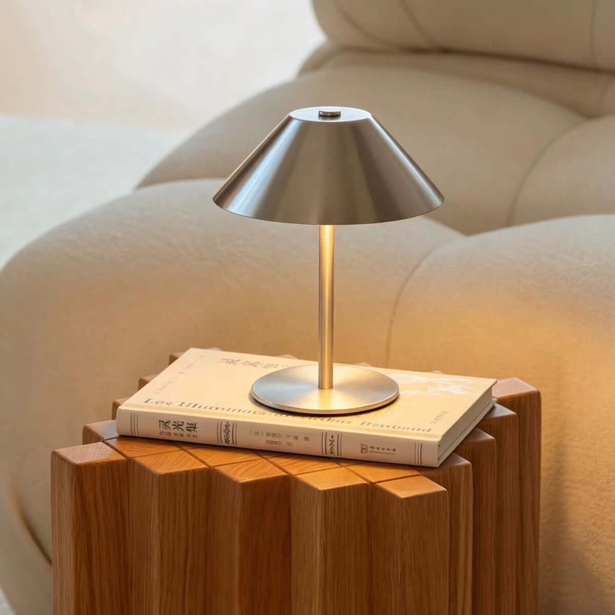 Tall umbrella-shaped metal table lamp