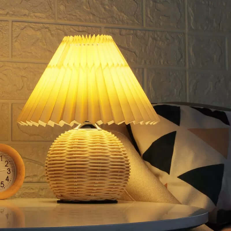 Pleated Paper Table Lamp with Woven Rattan Base | Cottage Style