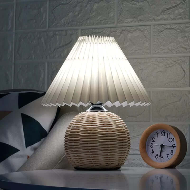 Pleated Paper Table Lamp with Woven Rattan Base | Cottage Style