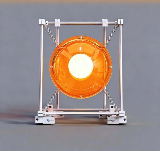 Sculptural orange acrylic table lamp with stainless steel frame and exposed springs