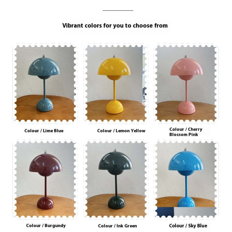 Variety of Touch LED Table Lamps in vibrant colors: Lime Blue, Lemon Yellow, Cherry Blossom Pink, Burgundy, Ink Green, Sky Blue.