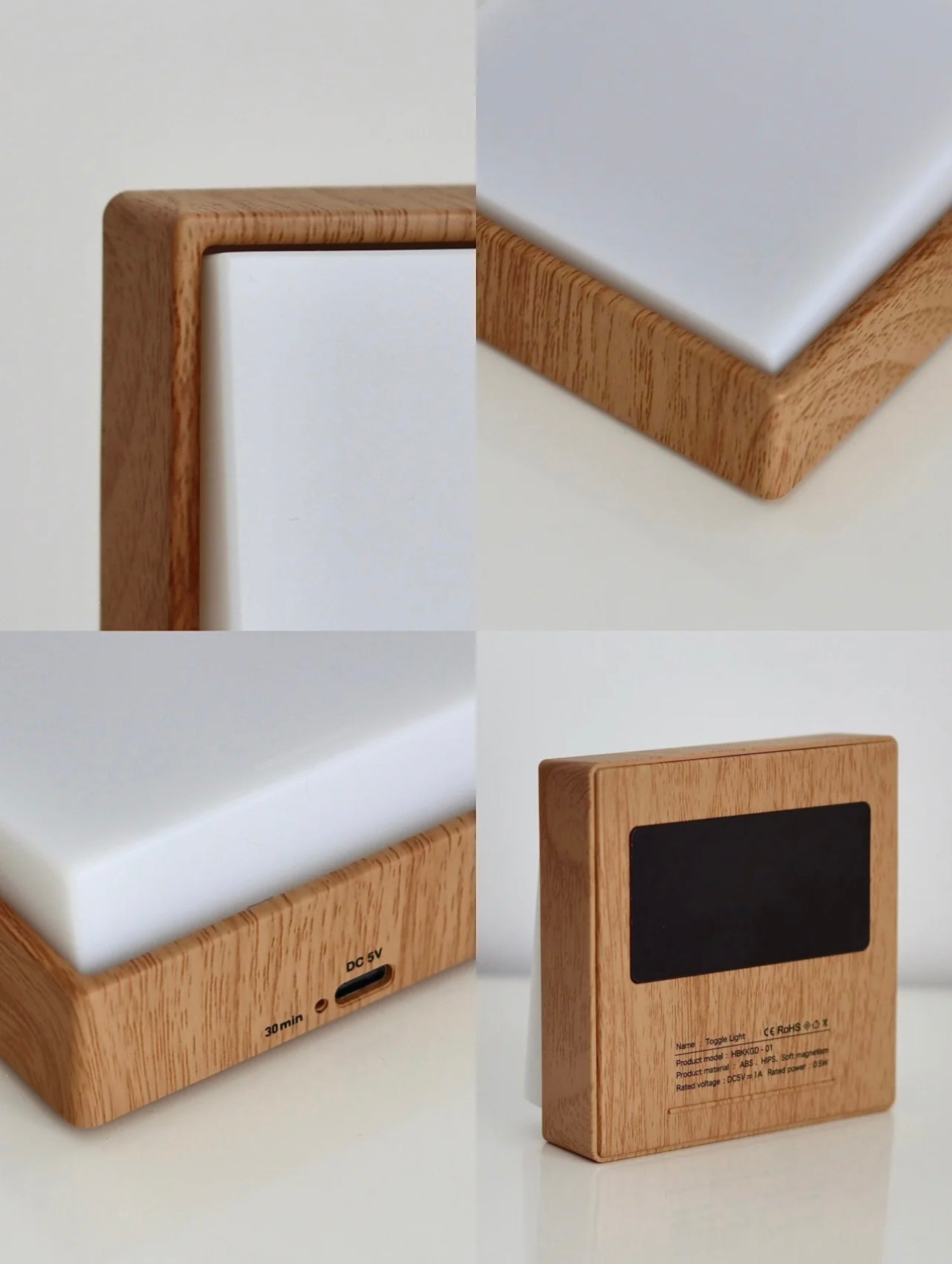 Close-up of switch-shaped nightlight with wooden frame and white light panel; highlights design and USB port.