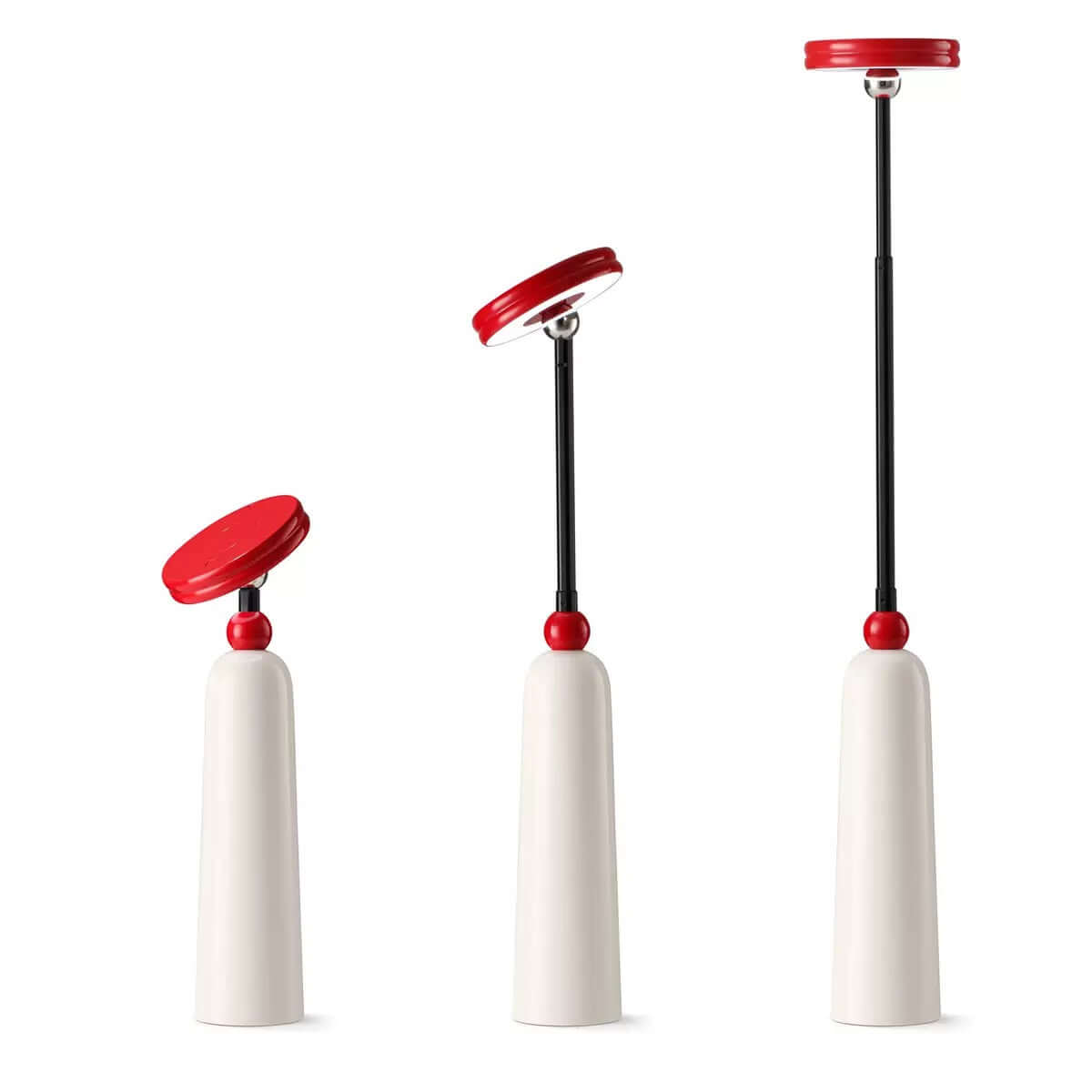 Luxury stretchable art lamp showing floor and table lamp modes in cream and red colors.
