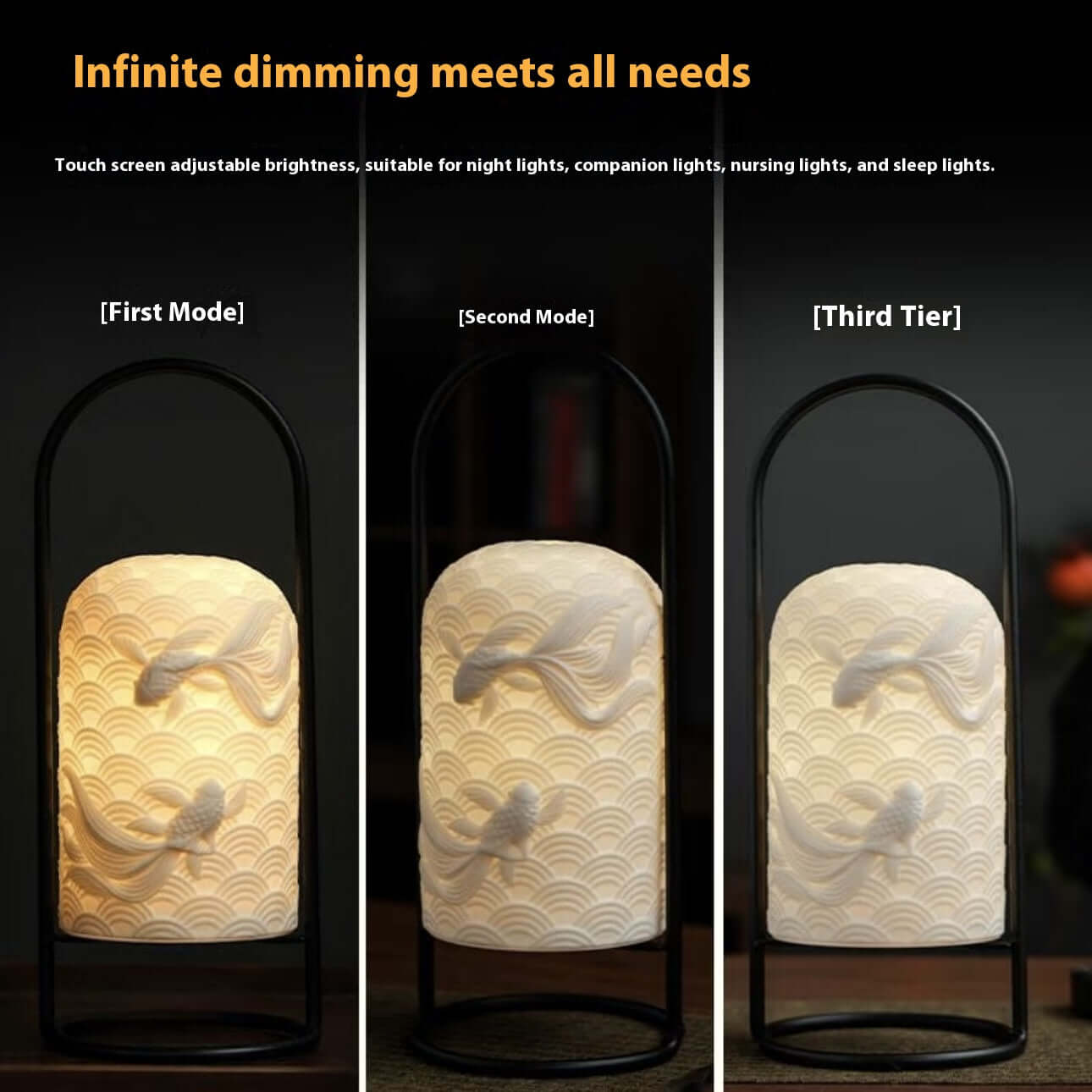 Ceramic Goldfish Lamp in three dimming modes, showcasing adjustable brightness for reading, relaxing, and sleep.