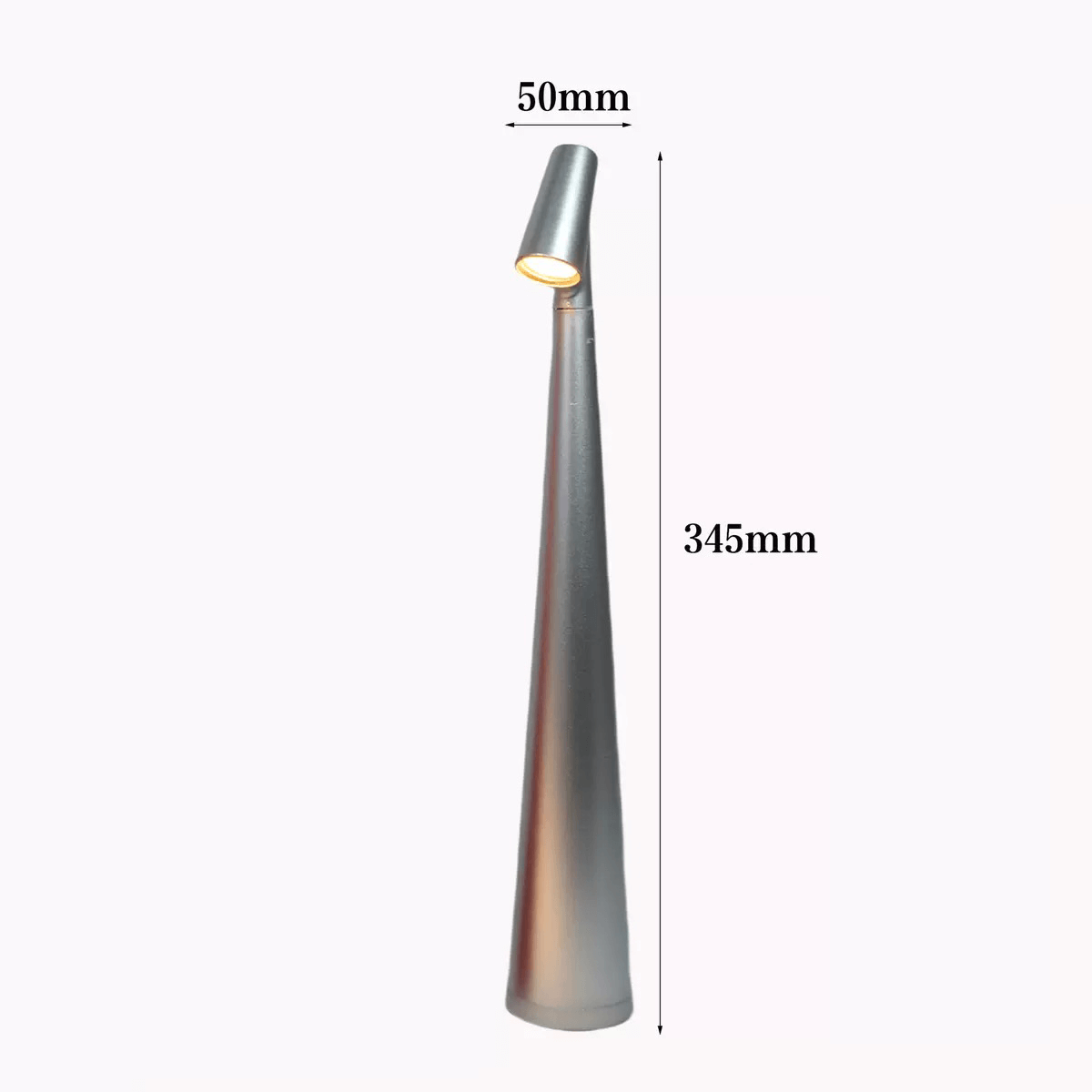 Modern touch-control LED desk lamp in sleek silver design, height 345mm, width 50mm.