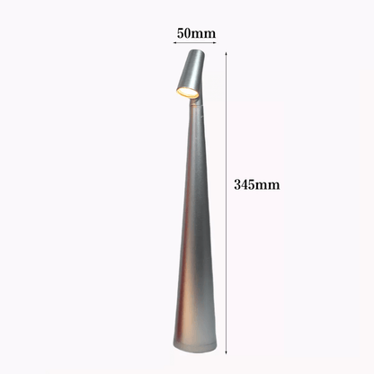 Modern touch-control LED desk lamp in sleek silver design, height 345mm, width 50mm.