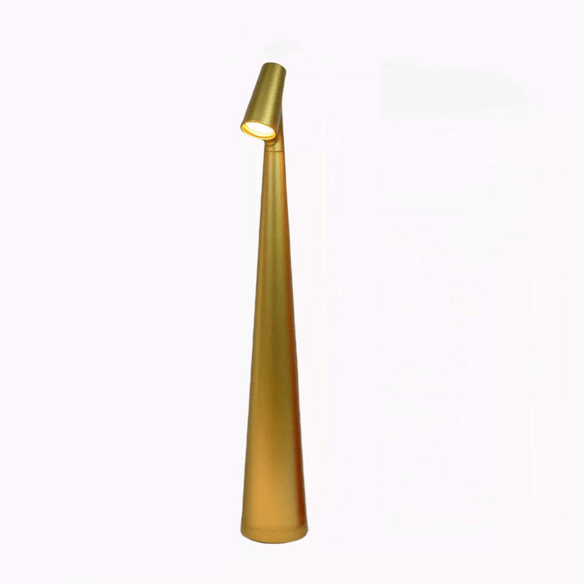 Touch-control LED desk lamp in a sleek gold design, featuring adjustable brightness and modern minimalist style.