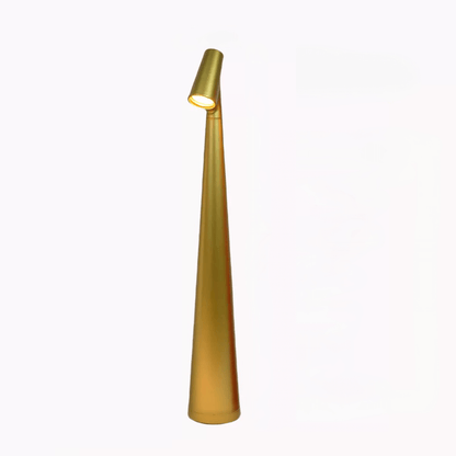 Touch-control LED desk lamp in a sleek gold design, featuring adjustable brightness and modern minimalist style.
